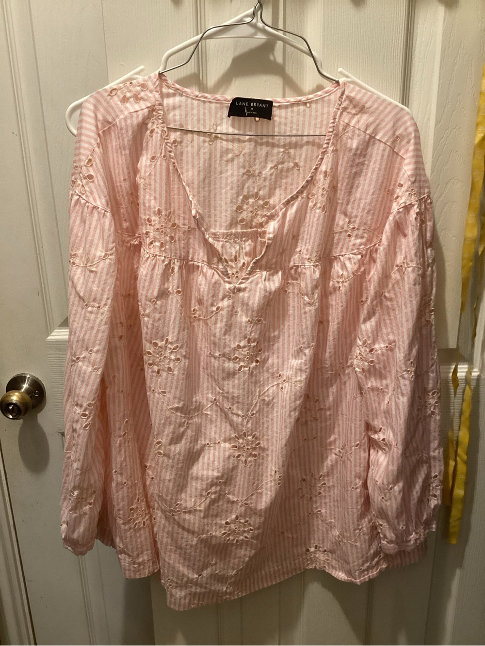 Lane Bryant Light Pink Eyelet Stripe Peasant Top